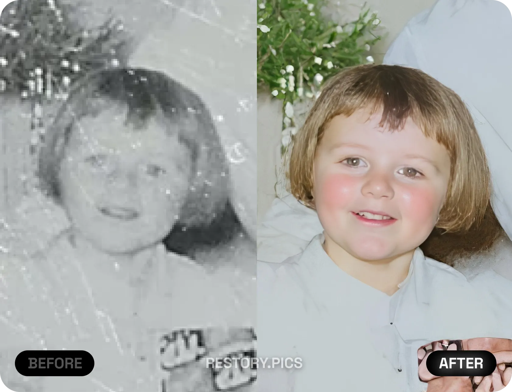 AI upscaling comparison showing Restory's superior face preservation technology